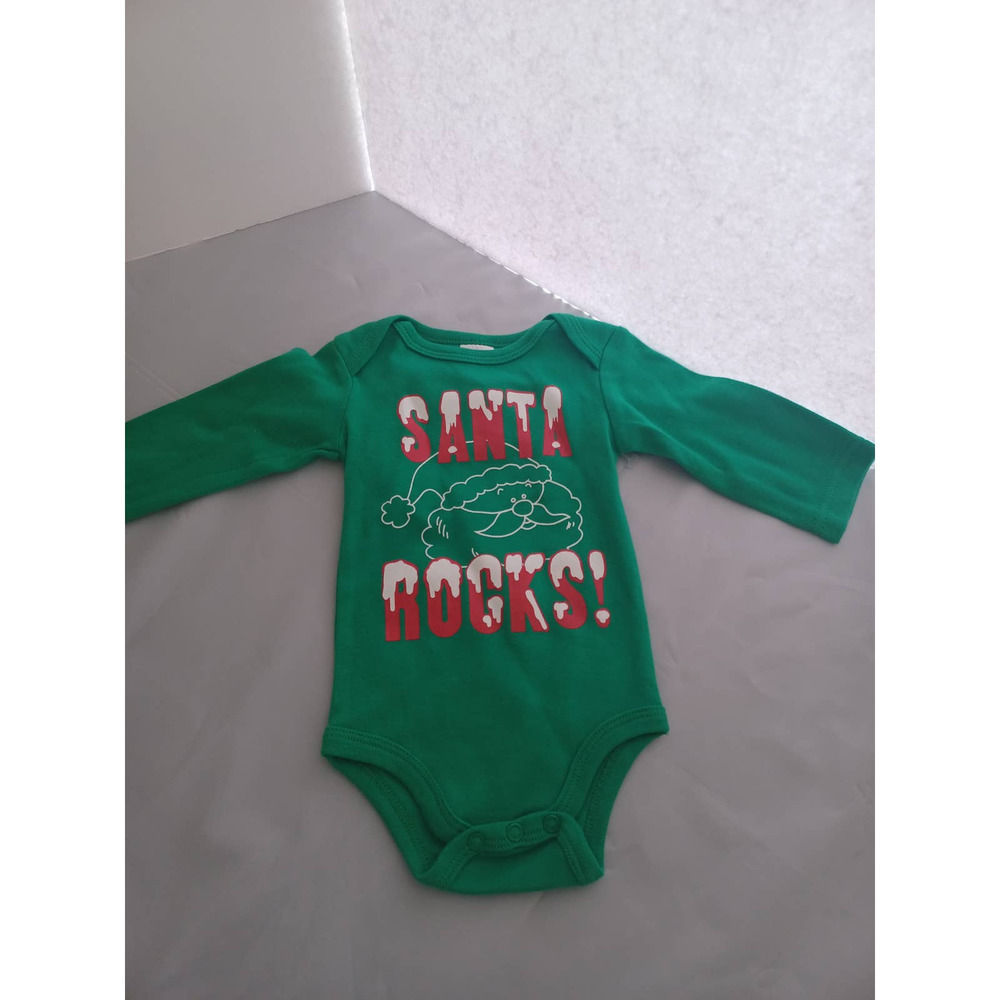 Unisex long sleeve Green & Red Christmas onesie 0 to 3 months NWOT Santa Rocks